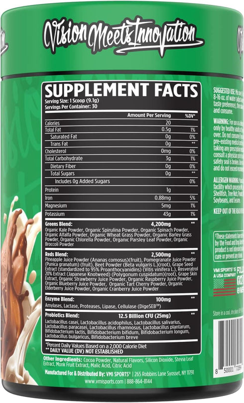 VMI Sports Greens + Reds Superfood for Immunity and Gut Health, 30 Servings (Chocolate)