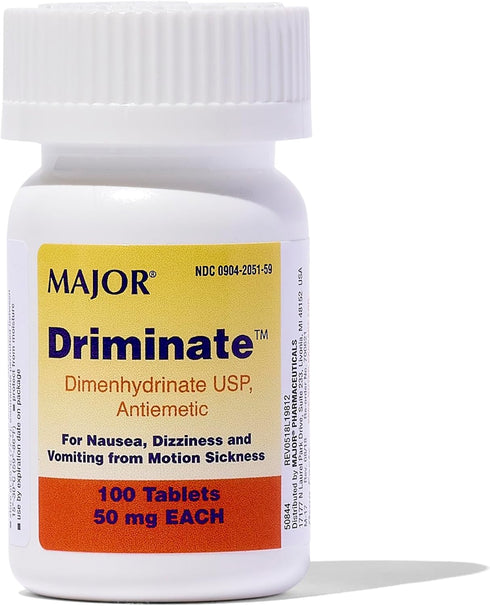 MAJOR Driminate - Dimenhydrinate 50mg Motion Sickness Tablets - Anti-Nausea Medicine - 100 Tablets