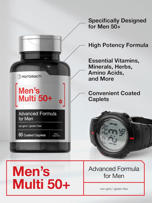 Horbaeach Men's Multivitamin 50 Plus | 60 Caplets | Non-GMO & Gluten Free Supplement