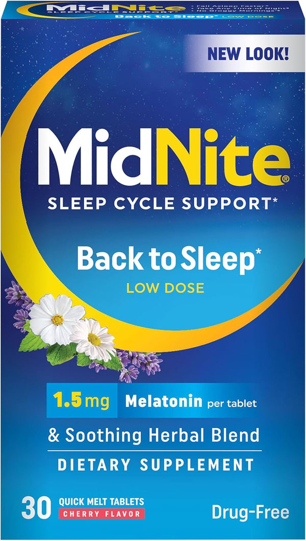 MidNite Back to Sleep Low Dose Melatonin Sleep Aid, 1.5 mg, 30 Quick Melt Tablets
