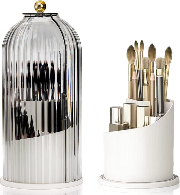 Makeup Brush Holder Organizer with Lids, 360° Rotating Clear Dustproof Container Box, Vanity Spinning Cosmetic Tools
