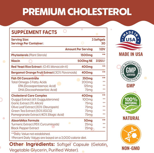3600 MG Cholesterol Supplements - Plant Sterols, Niacin, Red Yeast Rice, 180 Softgels for Normal Cholesterol