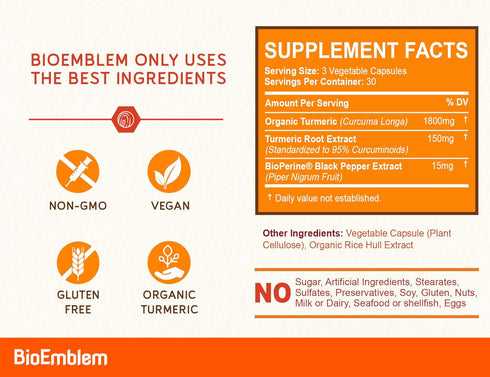 BioEmblem Turmeric Curcumin Supplement - Joint Support & Heart Health with Organic Turmeric Powder, 30-Day Supply