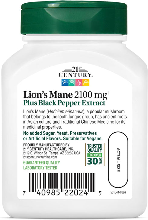 21st Century Lion's Mane 2,100 mg Vegetarian Capsules, Plus Black Pepper Extract, 60 Count