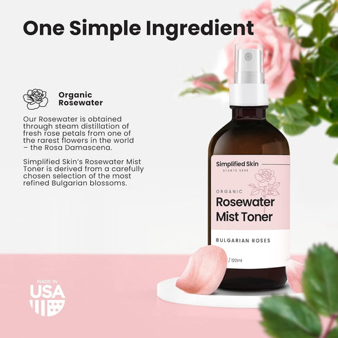 Simplified Skin Rose Water Spray - 100% Natural Organic Face Toner & Makeup Remover, Hydrating Beauty Mist, 4 oz, 2 Pack