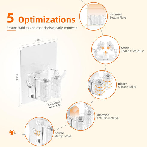 Batur Broom Holder Wall Mount, 4 Pack Anti-Slip Mop and Broom Organizer, Adhesive Hanger for Bathroom Kitchen Laundry