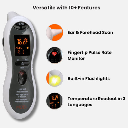 MOBI - Ultra Pulse Digital Thermometer - Ear & Forehead indicator Pulse Rate Monitor Flashlight - Talking Digital Fever Monitor for Baby Kids & Adult