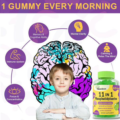 Qucbvn (2 Packs) 600mg Gummies, B6 B12 120 Gummies Phosphatidylserine Brain Supplement for Memory, Focus