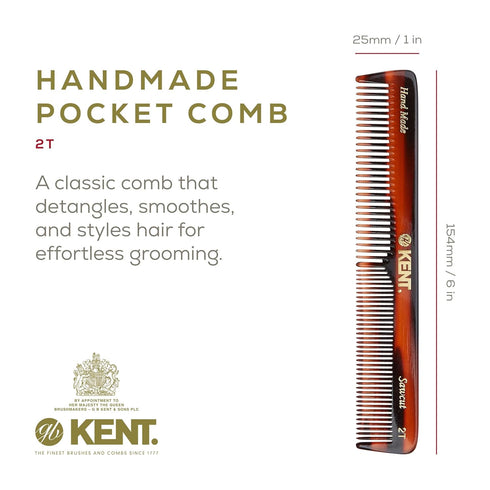 Kent 2T Fine Tooth Comb and Wide Tooth Combs For Men, Small Beard Comb and Mustache Comb, Daily Hair Styling and Mens Grooming Comb for Men, Styling Comb for Men, Kent Comb Made in England (6")