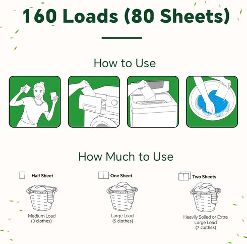 Laundry Detergent Sheets Fresh Scent, Eco-Friendly, Hypoallergenic, Powerful Cleaning, 80 Sheets, Up to 160 Loads