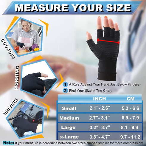 2 Pairs Copper Arthritis Compression Gloves - Fingerless Support Gloves for Carpal Tunnel, Hand Pain, Medium