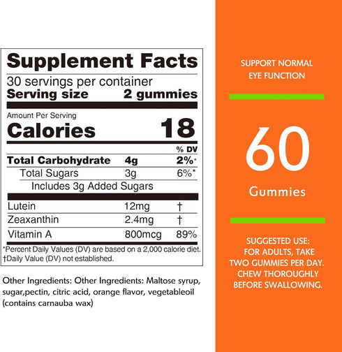 Nature's Key Lutein Gummies 12mg with Zeaxanthin & Vitamin A - Eye Health and Brain Function Supplement - 60Ct