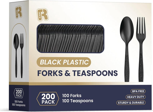 200 Count Heavy Duty Black Plastic Silverware Set, BPA Free Plastic Forks and Spoons for All Occasions