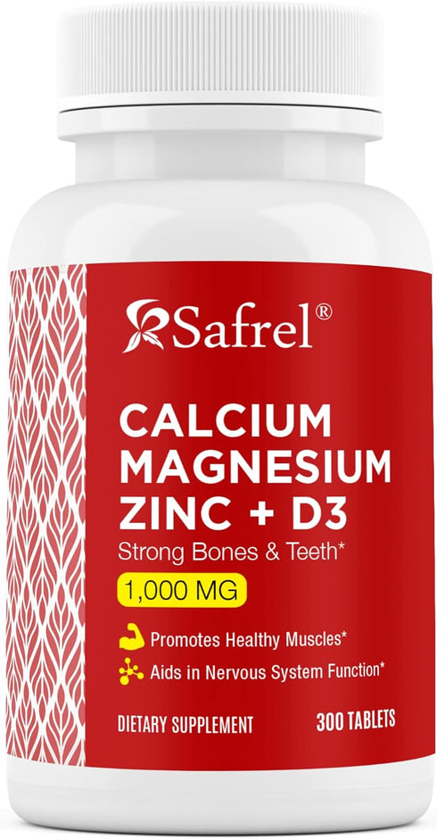 Safrel Calcium Magnesium Zinc with Vitamin D3 - 300 Tablets, Calcium 1000 mg, Magnesium 400 mg, Zinc 20 mg, D3 600 IU