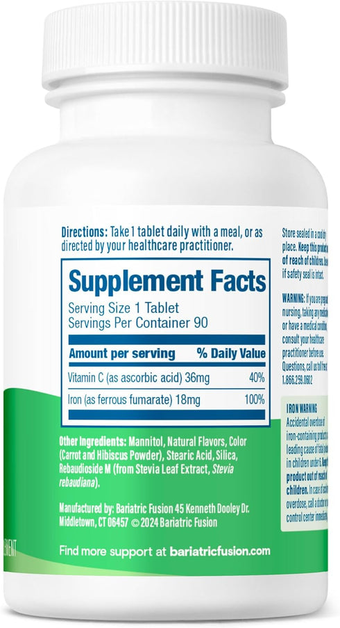 Bariatric Fusion Iron Supplement for Women Quick Melt | Sugar Free Dissolvable Chewable Iron Tablets | Ferrous Fumarate 18 mg Iron with Vitamin C | Melon Berry | Gluten, Dairy and Soy Free | 90 Count