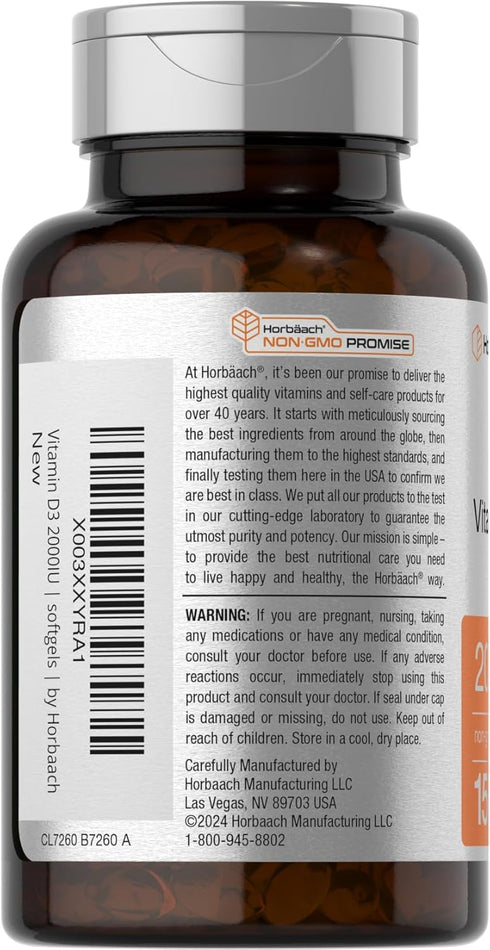 Horbaach Vitamin D3 2000IU Softgels (50mcg) | 150 Count | Non-GMO, Gluten Free Supplement