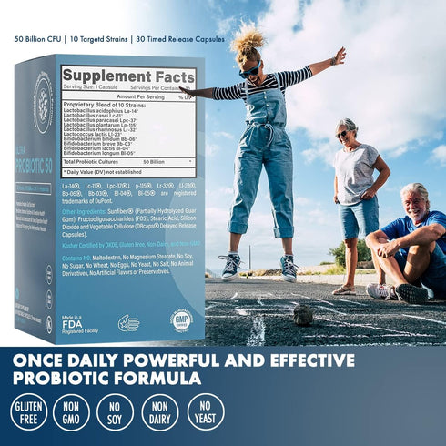 Prebiotics & Probiotics 50 Billion CFU, Time-Release for Women & Men, Digestive Health Support