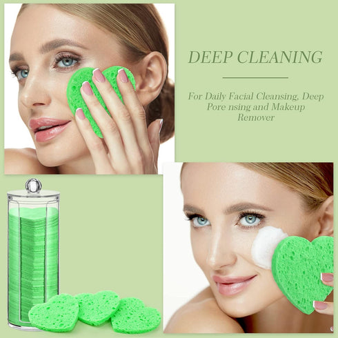 Sieral 120 Pcs Compressed Facial Sponges with Container, Disposable Sponge Pads for Cleansing, Makeup Removal, Green,