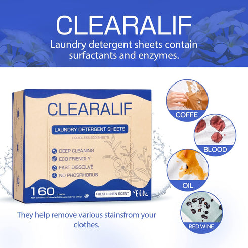 CLEARALIF Laundry Detergent Sheets, Fresh Linen, Up to 160 Loads - Eco Friendly, Hypoallergenic, Great for Travel