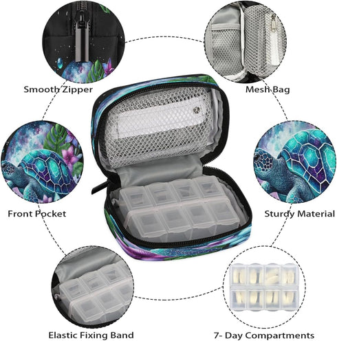 Skerhhux 7 Animal Funny Turtle Pill Case Travel Pill Organizer Weekly Day Portable with Zipper Medicine Box Pill Case