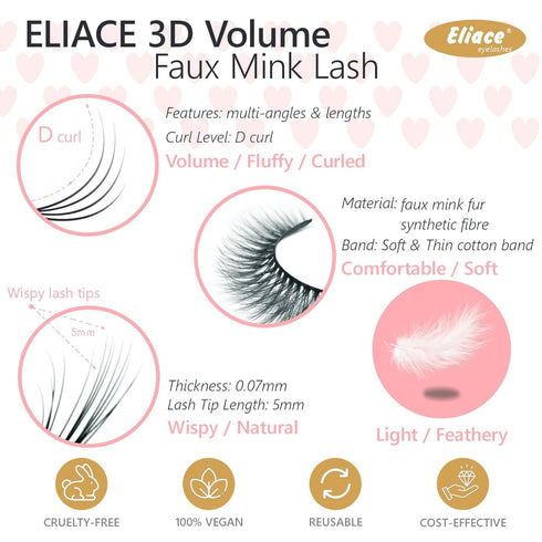 Eliace Eyelashes - 50 Pairs of 5 Styles Lux Faux Mink Lashes, Natural Look Wispy Fluffy Handmade Pack