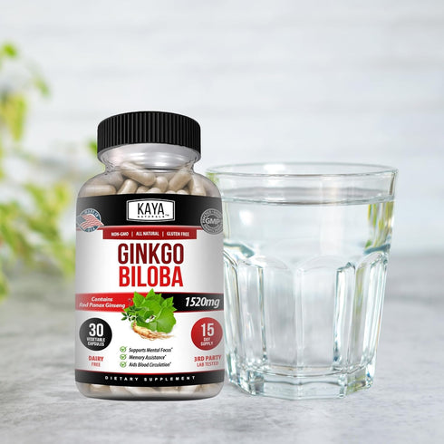Kaya Naturals Red Panax Ginseng + Ginkgo Biloba | Nootropic Brain Supplement for Cognitive and Concentration Support