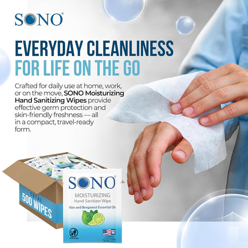 Packs SONO Bergamot & Aloe Moisturizing Hand Sanitizer Wipes - TSA-Approved Travel Size Individual for On-the-Go