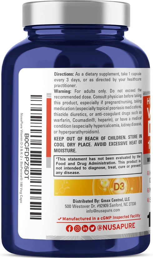 NusaPure Vitamin K2 (MK7) 200mcg + Vitamin D3 10000 IU, 180 Veg Caps, Non-GMO, Bioperine