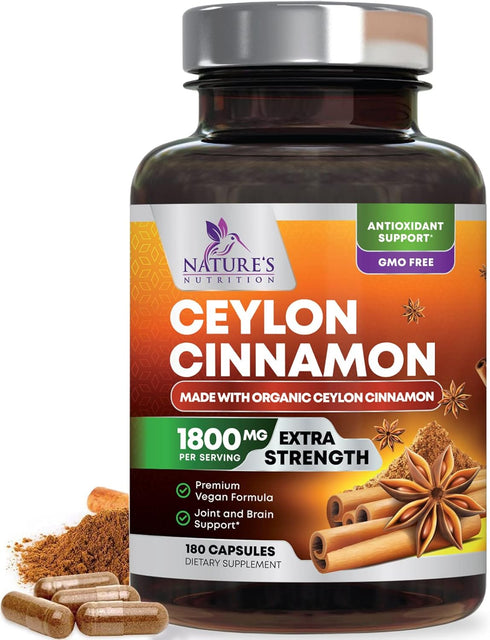 Pure Cinnamon Capsules, Certified Organic Ceylon Cinnamon, Non-GMO, Gluten-Free, 180 Capsules, Sugar Free, Sri Lanka