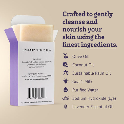 Southern Natural Lavender Goat Milk Soap Bar, Handmade for Sensitive Skin and Dry Skin Relief, 4 oz