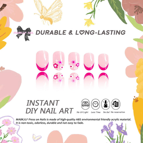 Press on Nails Short Almond French Tip Fake Nails, Pink Full Cover Floral False Nails with White Star Designs