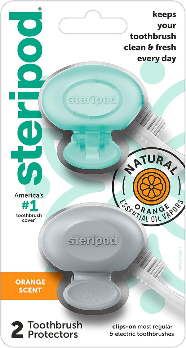 Steripod Clip-On Toothbrush Protector - Keeps Toothbrush Fresh with Orange Essential Oils, 2 Count
