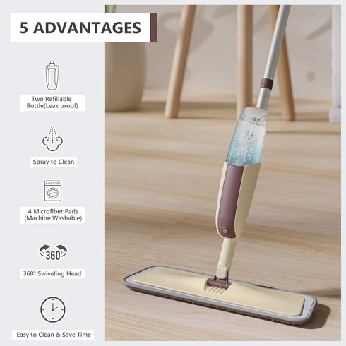 Spray Mop for Floor Cleaning, HOMTOYOU Floor Mop Dry Wet Spray Mop with 2 Refillable Bottle and 4 Washable Microfiber Pads for Home Kitchen Hardwood Laminate Wood Vinyl Ceramic Tiles Wooden Floor
