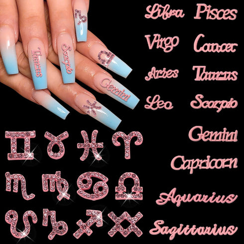 JERCLITY 24 Pieces Pink Alloy Zodiac Nail Charms, 12pcs Zodiac Signs Nail Studs, 12pcs Constellation Words Nail Charms