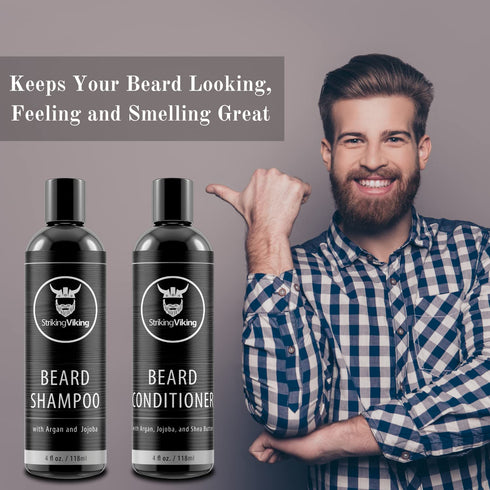 Striking Viking Beard Shampoo and Beard Conditioner for Men - Naturally Derived Ingredients Beard Wash Set - Cleanse Softens & Conditions with Argan & Jojoba Beard Oils - Sulfate & Paraben Free