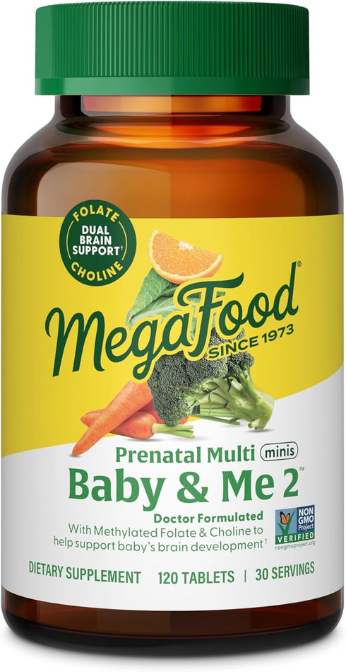 MegaFood Baby & Me 2 Prenatal Vitamin & Minerals - 120 Mini Tabs with Folate, Choline, Iron, Iodine
