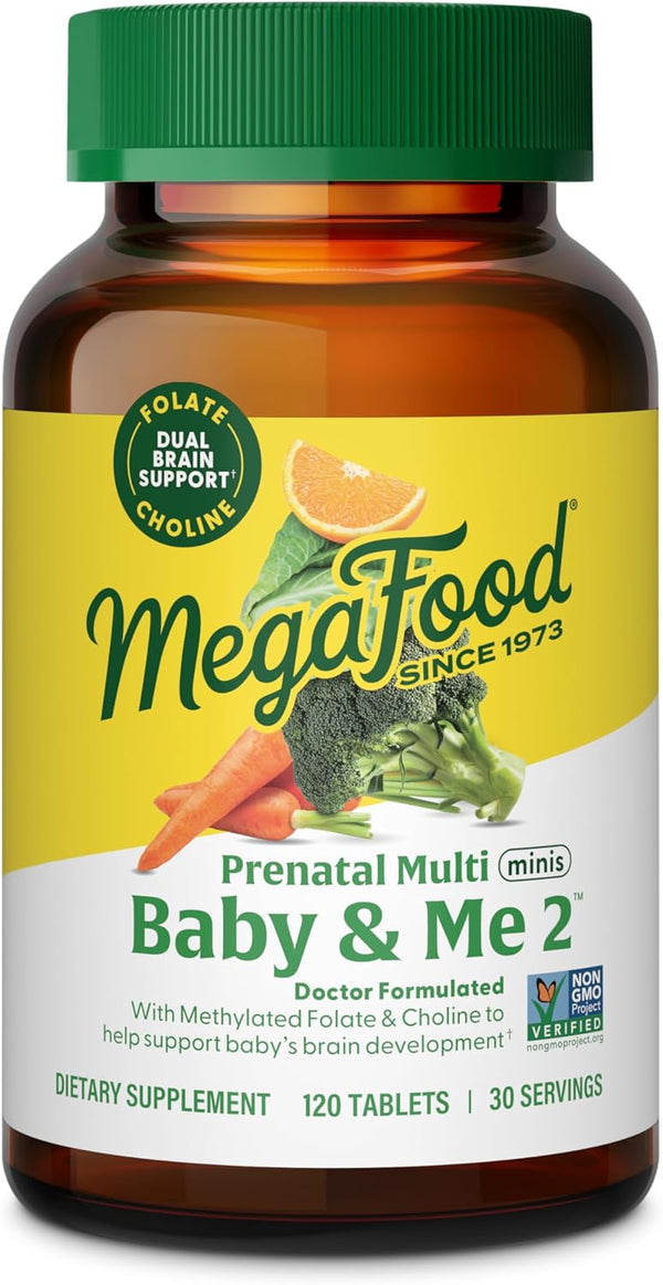 MegaFood Baby & Me 2 Prenatal Vitamin & Minerals - 120 Mini Tabs with Folate, Choline, Iron, Iodine