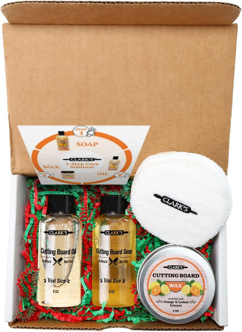 CLARK'S Cutting Board Care Kit, Includes Wood Oil, Soap, Wax, and Buffing Pad, Food Grade Mineral Oil Gift Set