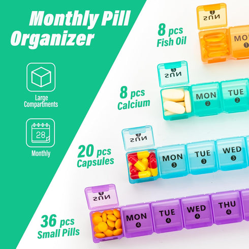 XL Large Monthly Pill Organizer, 4 Weeks, 28 Day Pill Dispenser with Travel Case