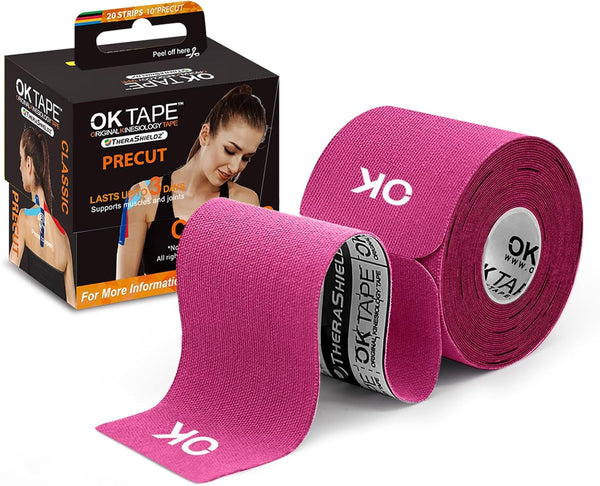 OK TAPE Kinesiology Tape, 10 inches Precut, 20 Strips, Cotton Elastic Athletic Tape, Pink