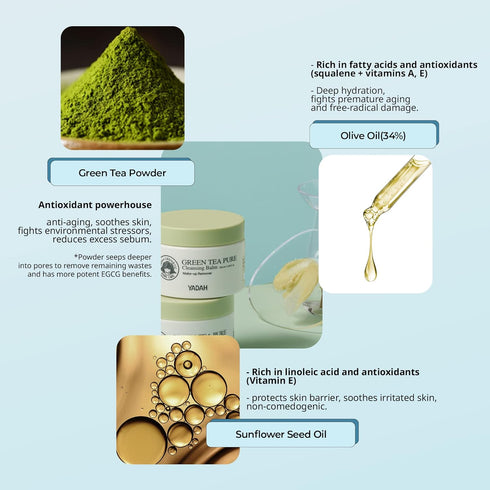 YADAH Green Tea Cleansing Balm (3.38fl oz), Makeup Remover, Moisturizing, Residue-Free, Vegan, Hypoallergenic Korean