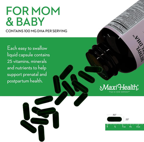 Maxi Health Methyl Prenatal DHA - 60 Liquid Caps, Doctor Formulated, Kosher, Gluten Free Prenatal Multivitamin with 25