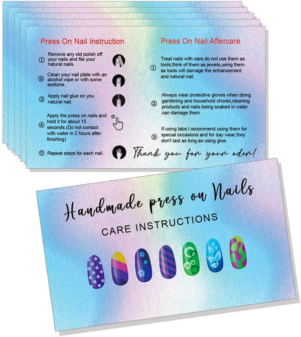 Press-On Nail Application Instructions Cards - Nail Aftercare Instructions Cards, 50 Pack, DIY Press-On Nail Kit