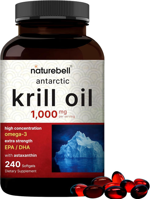 NatureBell Antarctic Krill Oil 1000mg Supplement, 240 Softgels, Natural Omega-3s, EPA, DHA, Astaxanthin