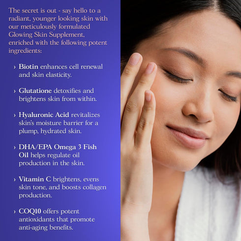 Glowing Skin Supplement - All Natural Skin Care with Biotin, Glutathione, Hyaluronic Acid, DHA/EPA Omega 3, 60 Caps