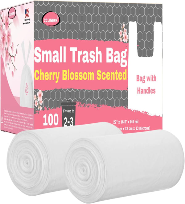 2.6 Gallon Scented Trash Bags with Handles, 100 Bags, Small Bathroom Garbage Bags for Home Office Bins