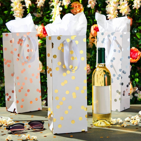 Set Pack 12-13.8x5x4 3 Sparkle and Bash Wine Gift Bags - Polka Dot Foil Style & Assorted Wine Bags for Gifts - Complete