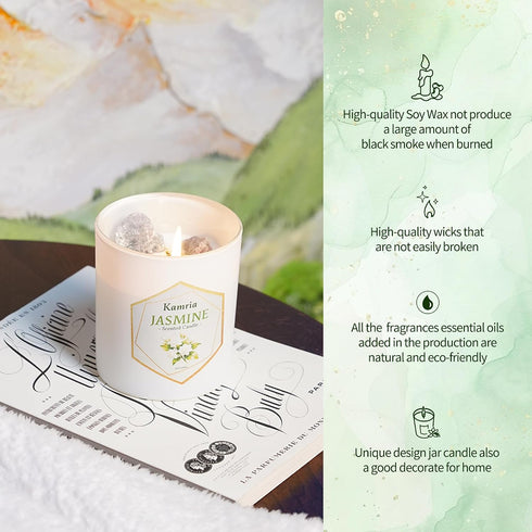 Kamria 7oz Jasmine Scented Candle with Crystals Inside, Natural Soy Wax Aromatherapy with Green Stones & Gold Flakes