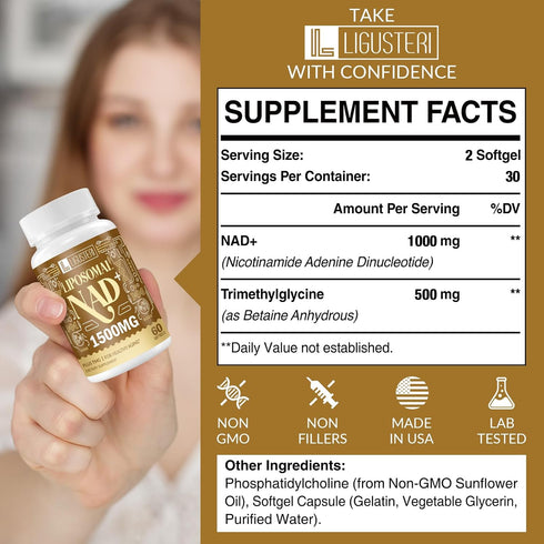 NAD Supplement, Liposomal NAD+ supplement with TMG, 98% + Absorption,Pure NAD Plus - Non-GMO Aging Defense, Cellular Energy, Heart & Brain Function,Longevity, 60 Softgels