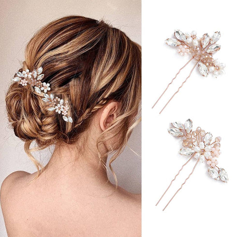 Unicra Bridal Hair Pins, Pack of 2 Rose Gold Crystal Flower Hair Accessories for Women and Girls Party Hair Clips
